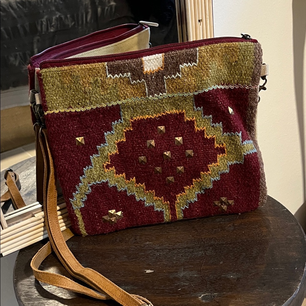 Artisan Crosstree Lane Boho Burgundy and Tan Crossbody Bag